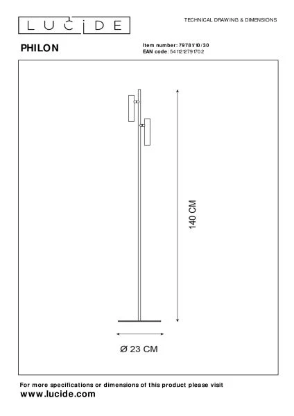 Lucide PHILON - Lampadaire / lampe de lecture - Ø 23 cm - LED Dim. - 2x4,5W 3000K - Noir - technique